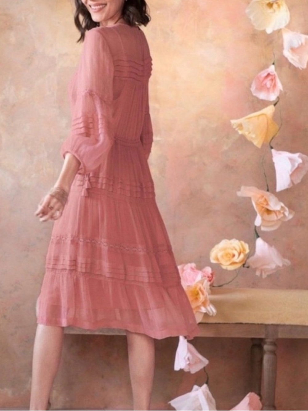 Sundance Dusty Rose Tiered Chiffon Midi Dress - Picture 3 of 7
